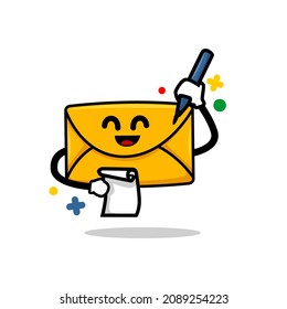 write an email. isolated cute mail cartoon face chracter  holding pen and paper ready to write a letter vector illustration