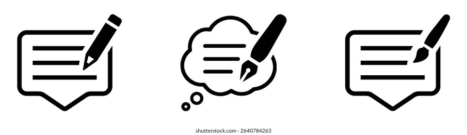 Write a Feedback Icon. Vector icon set of speech bubble, thought cloud, and writing tool representing edit, comment, or message concept. Symbols for UI, apps, and web design.