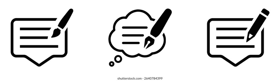 Write a Feedback Icon. Vector icon set of speech bubble, thought cloud, and writing tool representing edit, comment, or message concept. Symbols for UI, apps, and web design. Icons, vector.