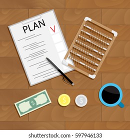 Write financial plan. Management money, financial cocncept with abacus on wood table. Vector illustration