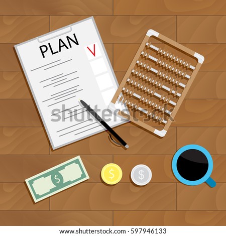 Write financial plan. Management money, financial cocncept with abacus on wood table. Vector illustration