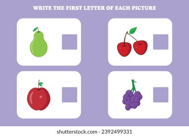 Write the first letter of each picture. Educational game for preschool, kindergarten or elementary kids.
