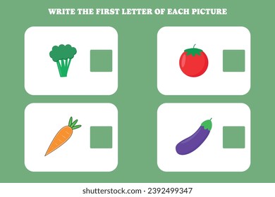 Write the first letter of each picture. Educational game for preschool, kindergarten or elementary kids.