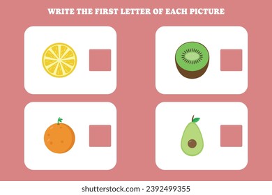Write the first letter of each picture. Educational game for preschool, kindergarten or elementary kids.
