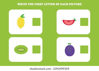 Write the first letter of each picture. Educational game for preschool, kindergarten or elementary kids.