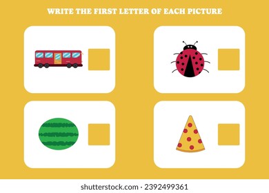 Escriba la primera letra de cada imagen. Juego educativo para niños de preescolar, preescolar o elemental.