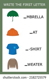 Write  the first letter, a game for kids to learn the alphabet. Worksheet for printing. Educational game for children.