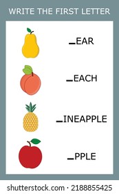 Write  the first letter, a game for kids to learn the alphabet. Worksheet for printing. Educational game for children.