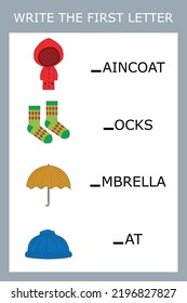 Schreiben Sie den ersten Buchstaben, ein Spiel für Kinder, um das Alphabet zu lernen. Arbeitsblatt für den Druck. Erziehungsspiel für Kinder.