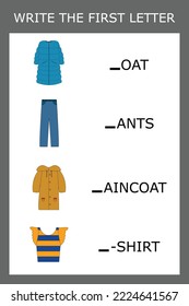Write  the first letter and match with the picture, a game for kids to learn the alphabet. Worksheet for printing. Educational game for children.
