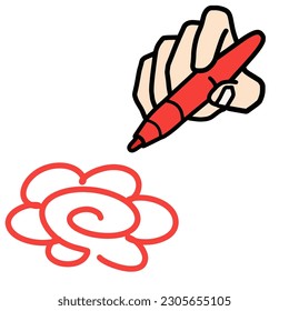 Write a flower-shaped circle with a red pen Finger and nib