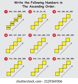 Write the following numbers in the ascending orders.Math game for elementary and Primary school children worksheet or page vector illustrations template printable version. 