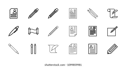 Write icon. collection of 18 write outline icons such as pencil, resume, feather and paper, pen, paper and pen. editable write icons for web and mobile.