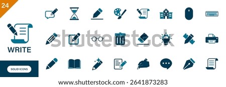 Write icon. Pencil, pen, education, paper, eraser, reading glasses, printer. Solid vector icon set.