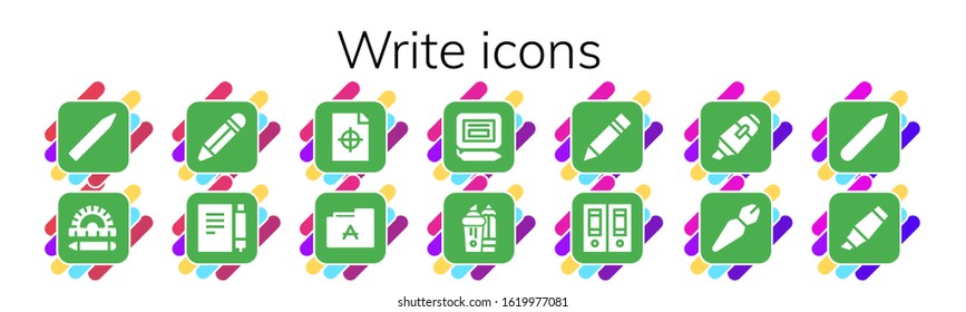 write icon set. 14 filled write icons. Included Pencil, Ruler, Note, Printing test, Font, Signature, Highlighter, Documentation, Pen icons