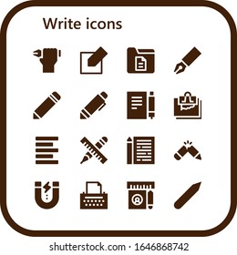 write icon set. 16 filled write icons.  Simple modern icons such as: Pen, Edit, Document, Pencil, Note, Left alignment, Sheet, Content, Copywriter, Ruler
