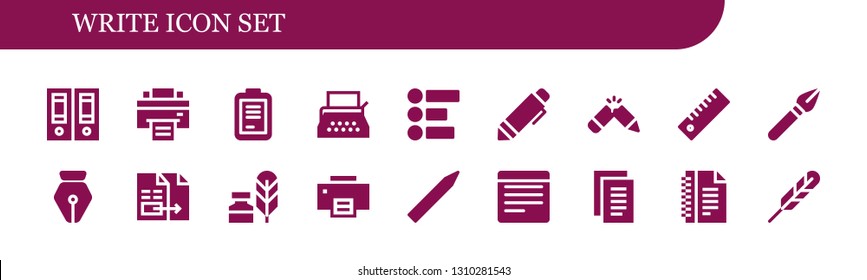 write icon set. 18 filled write icons.  Simple modern icons about  - Documentation, Printer, Form, Typewriter, Feedback, Pen, Pencil, Ruler, Document, Writing tool, Notes, Feather pen