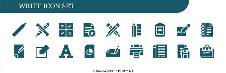 write icon set. 18 filled write icons.  Simple modern icons about  - Pencil, Feedback, Document, Form, Signature, Notes, Paper, Edit, Font, Autograph, Printer, Sheet, Note