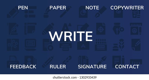  write icon set. 32 filled write icons. on blue background style Simple modern icons about  - Pen, Paper, Note, Copywriter, Feedback, Ruler, Signature, Contact, Inkwell, Document