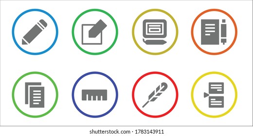 write icon set. 8 filled write icons. Included Pencil, Notes, Edit, Ruler, Signature, Feather pen, Note, Page icons