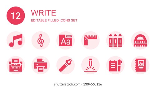 write icon set. Collection of 12 filled write icons included Note, Font, Ruler, Crayon, Typewriter, Printer, Pen, Pencil, Binding