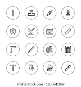 Write icon set. collection of 16 outline write icons with colored pencils, contract, crayon, document, fax, inbox, pen, ruler, typewriter icons.