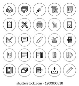 Write icon set. collection of 25 outline write icons with chat bubble, contract, document, fax, forms, inbox, paper, note, papyrus, page, pen, notepad icons. editable icons.