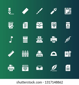 write icon set. Collection of 25 filled write icons included Document, Write, Inbox, Pencil, Printer, Note, Ruler, Crayon, Pen, Typewriter, Contact, Binding, Paper, Notes, Forms