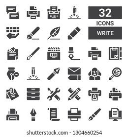 write icon set. Collection of 32 filled write icons included Document, Pen, Printer, Note, Pencil, Edit, Inboxes, Search mail, Shakespeare, Forms, Ink pen, Write, Signature, Typewriter