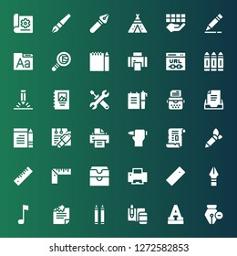 write icon set. Collection of 36 filled write icons included Pen, Font, Notes, Crayons, Note, Ruler, Printer, Inbox, Pencil, Papyrus, Typewriter, Edit, Binding, Crayon, Url, Search mail