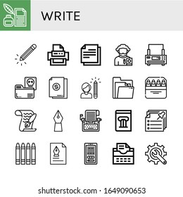 write icon set. Collection of Quill, Pencil, Printer, Note, Poet, Documents, Document, Pencils, Paper, Fountain pen, Typewriter, History book, Notes, Crayons, Editing, Content icons