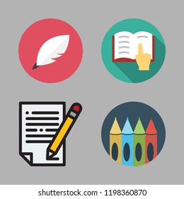 write icon set. vector set about contract, crayons, quill and open book icons set.