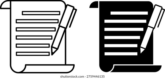 Write Icons. Line and Glyph Vector Icons. Paper with Text and Pen. Story or Content Creation, Essay. Writing Concept