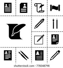 Write icons. set of 13 editable filled write icons such as resume, feather and paper, pen, paper and pen, pencil