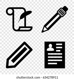 Write icons set. set of 4 write filled icons such as pencil, resume, feather and paper