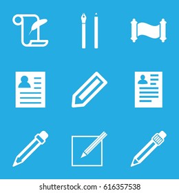 Write icons set. set of 9 write filled icons such as pencil, resume, feather and paper, pen, paper and pen