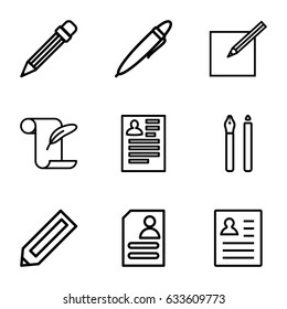 Write icons set. set of 9 write outline icons such as pencil, resume, feather and paper, paper and pen