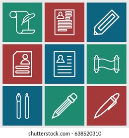 Write icons set. set of 9 write outline icons such as pencil, resume, feather and paper, pen