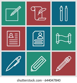 Write icons set. set of 9 write outline icons such as pencil, feather and paper, resume, pen, paper and pen