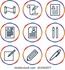 Write icons set. set of 9 write outline icons such as pencil, resume, feather and paper, paper and pen, pen