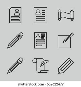 Write icons set. set of 9 write outline icons such as pencil, resume, feather and paper, pen, paper and pen