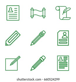 Write icons set. set of 9 write outline icons such as pencil, resume, feather and paper, pen, paper and pen