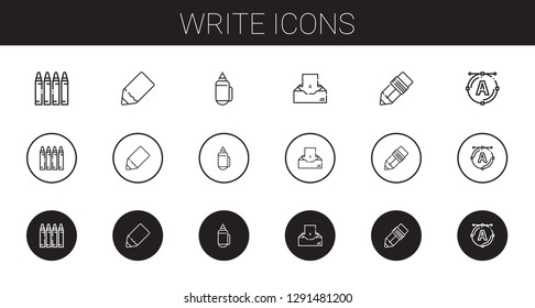write icons set. Collection of write with crayon, pencil, inbox, pen, font. Editable and scalable write icons.