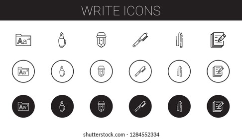 write icons set. Collection of write with fonts, fountain pen, pencil, pen. Editable and scalable write icons.