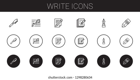 write icons set. Collection of write with pen, note, pencil. Editable and scalable write icons.