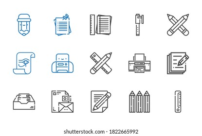 write icons set. Collection of write with ruler, pencils, pencil, stationary, inbox, printer, paper, pen, notes. Editable and scalable write icons.