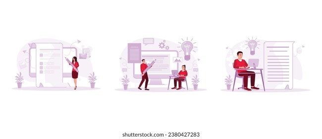 Write ideas on a large piece of paper. Man looking for ideas for his latest book. Write content for financial report presentations. Content Writer concept. set trend modern vector flat illustration