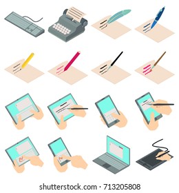 Write letter icons set. Isometric illustration of 16 write letter vector icons for web