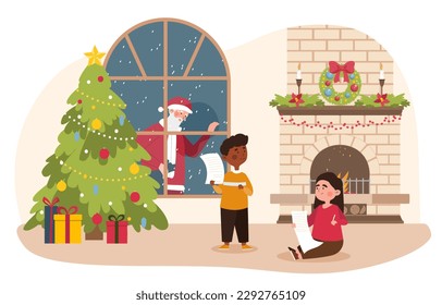 Write letter to santa Claus. Boy and girl sit near Christmas tree and write wish list. Imagination and fantasy, fairy tales. Culture and traditions, winter holidays. Cartoon flat vector illustration