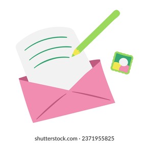 Write a letter and send it in an envelope. Postage stamp and pencil. Sending letter. Offline communication, friendly or love correspondence. Without people. Color image. Vector illustration.